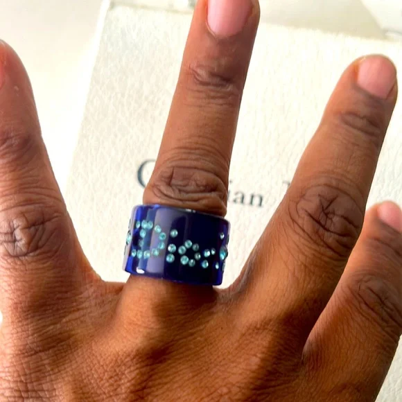 EUC-Christian Dior Logo Turquoise Blue Authentic ACRYLIC Ring IN AQUAMARINE  …